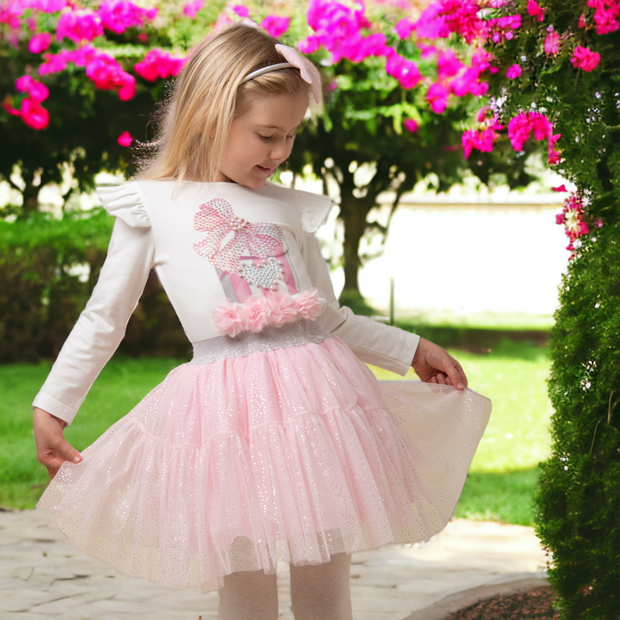 Ivory & Pink Diamante Present Top & Skirt Set