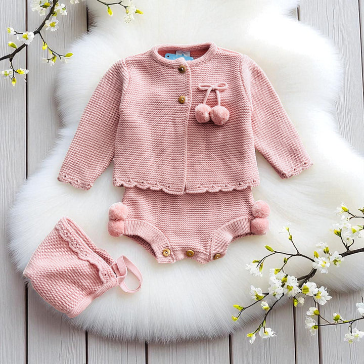 Sardon Rose Pink Knitted Pom Pom Top & Romper Set