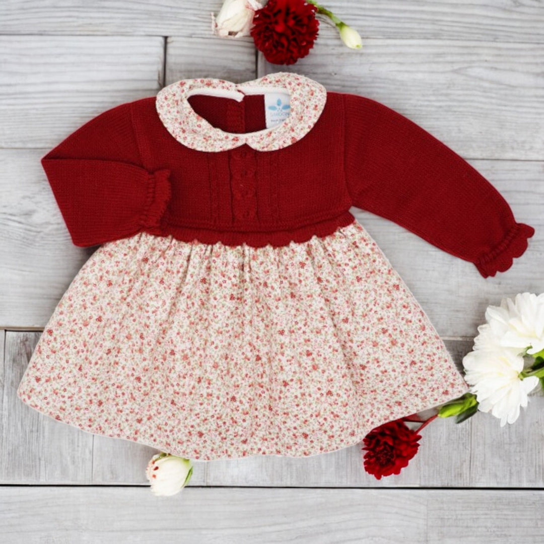 Sardon Cherry Red Half Knit Ditsy Floral Dress