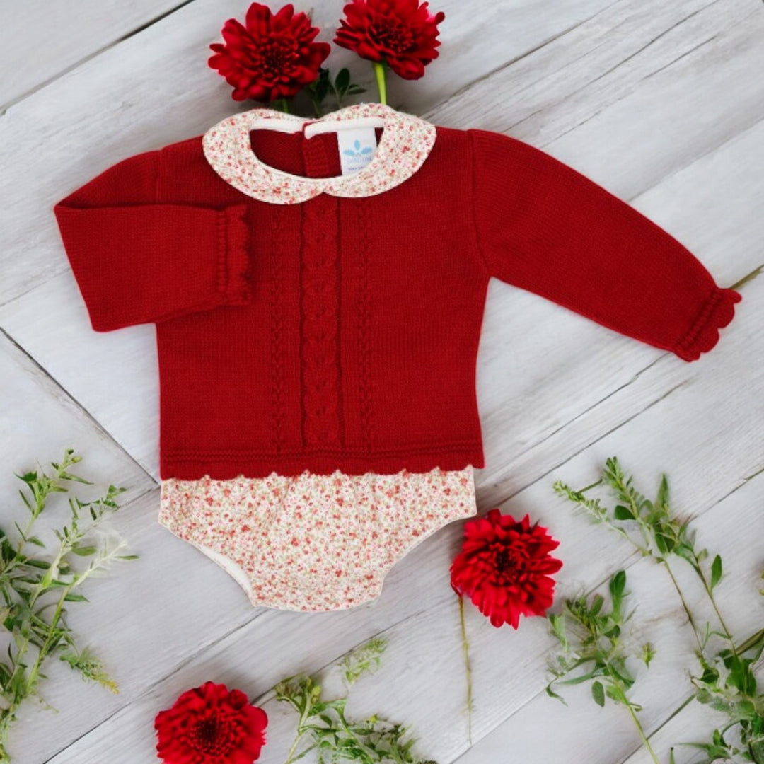 Sardon Cherry Red Knitted Top & Ditsy Floral Bloomers