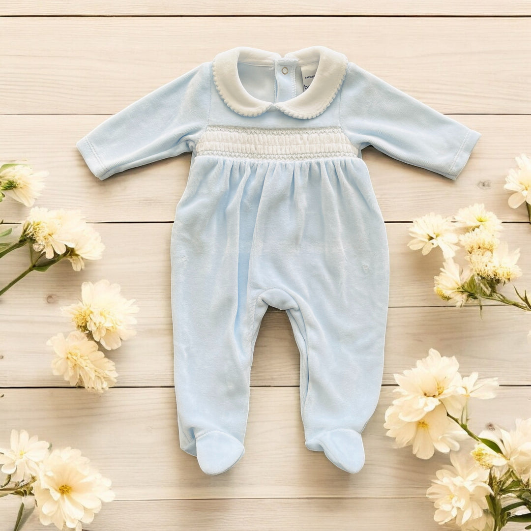 Babidu Blue & White Velour Smocked Sleepsuit