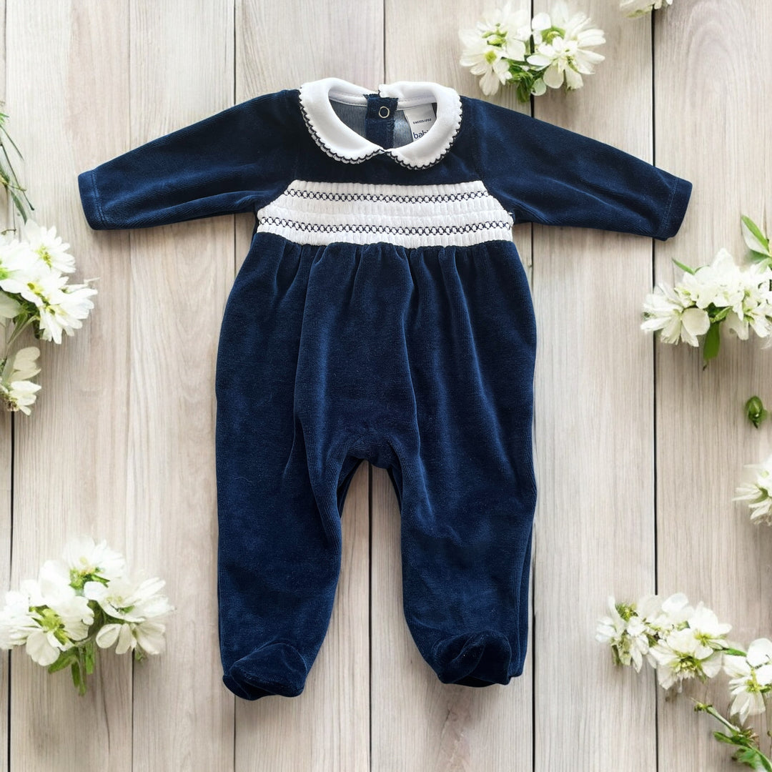 Babidu Navy & White Velour Smocked Sleepsuit