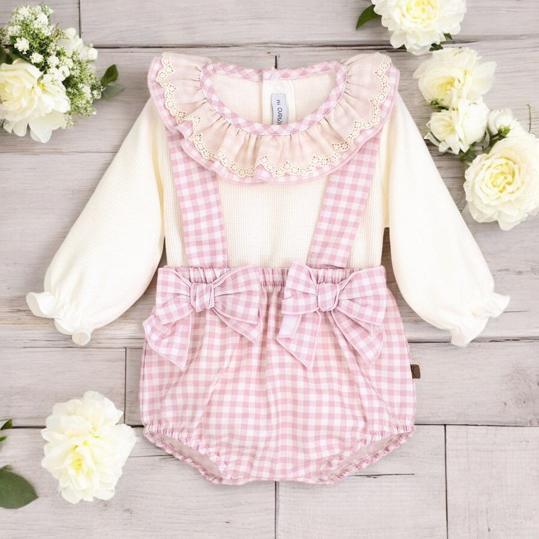 Calamaro Pink & Cream Gingham Top & Dungaree Romper