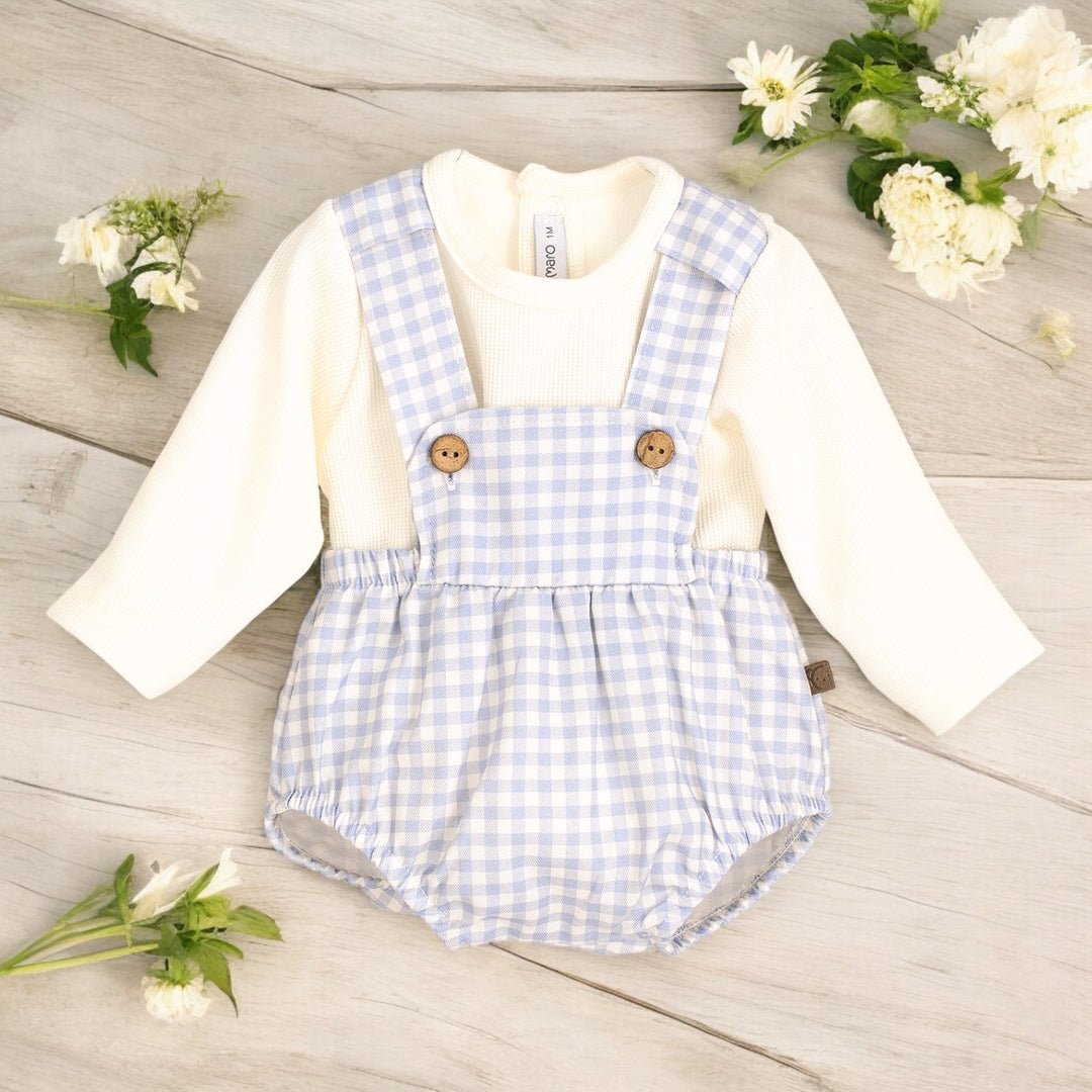 Calamaro White Top & Blue Gingham Dungaree Romper
