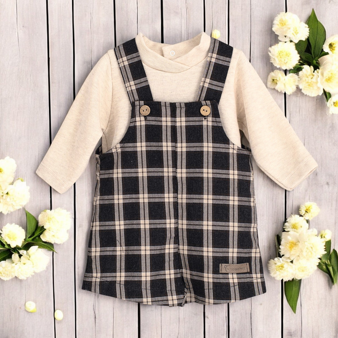 Calamaro Charcoal Grey & Beige Tartan Dungaree Set