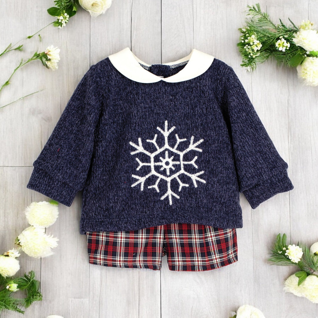 Calamaro Navy Snowflake Top & Bloomers Set