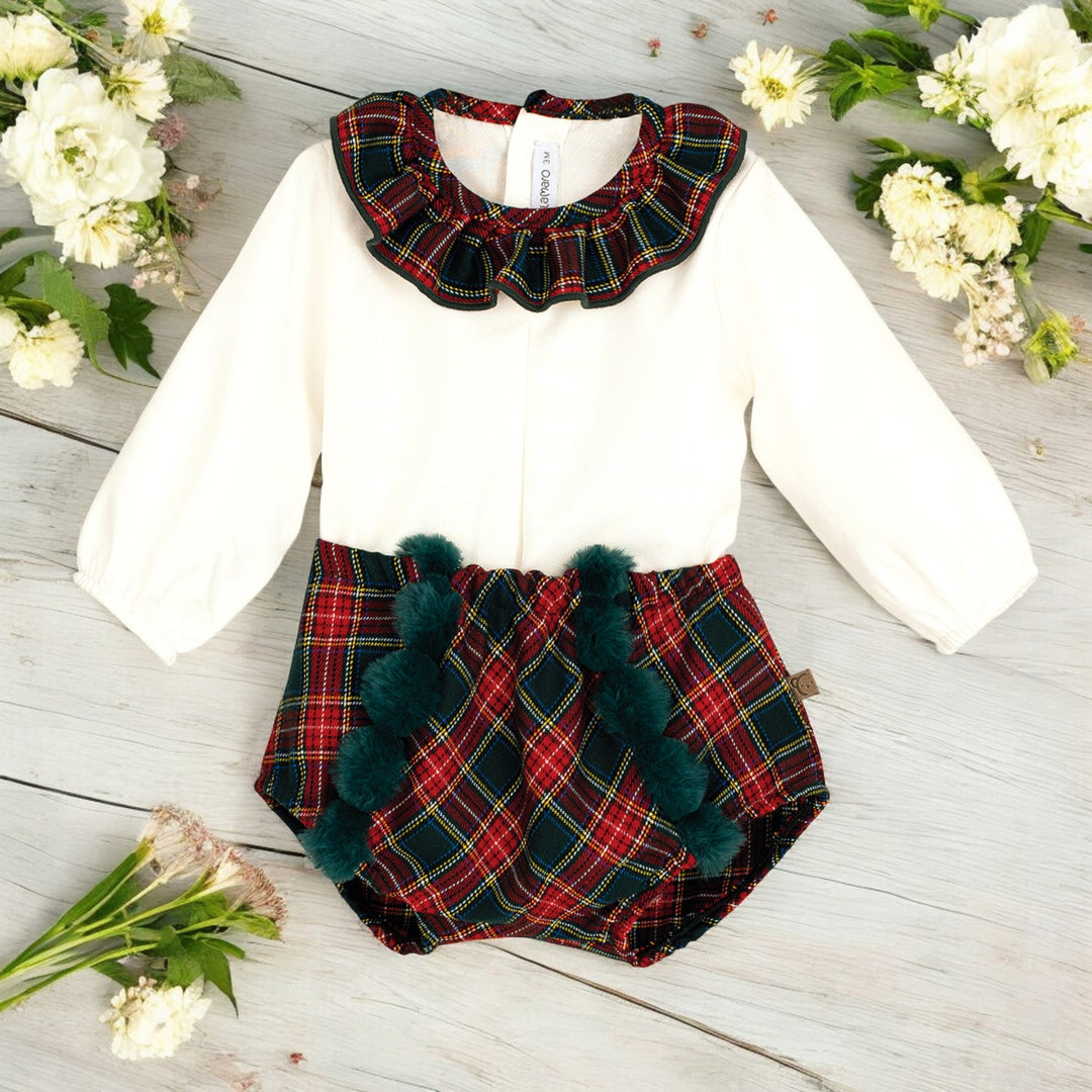 Calamaro White Blouse & Red & Green Tartan Pom Bloomers