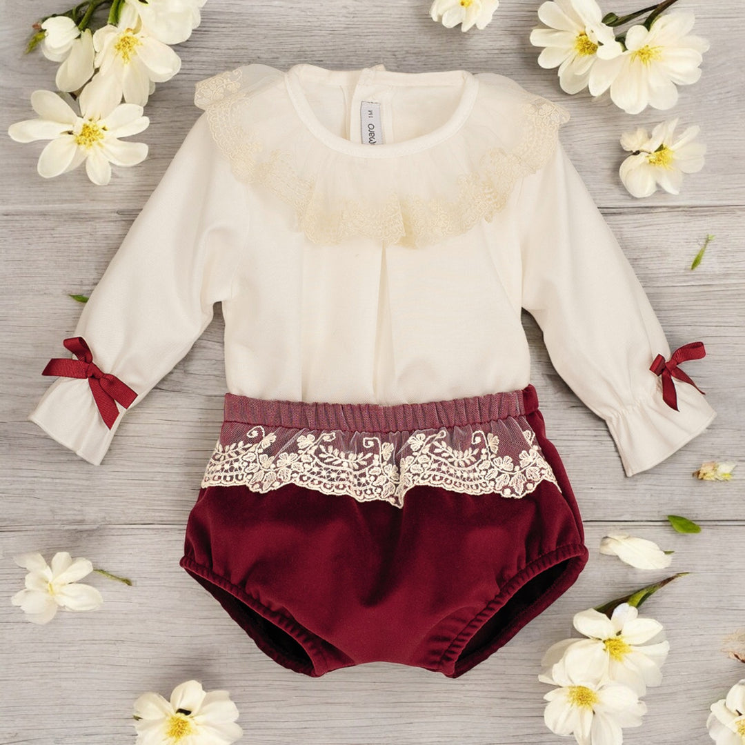 Calamaro Ivory & Burgundy Velvet Jam Pant Set