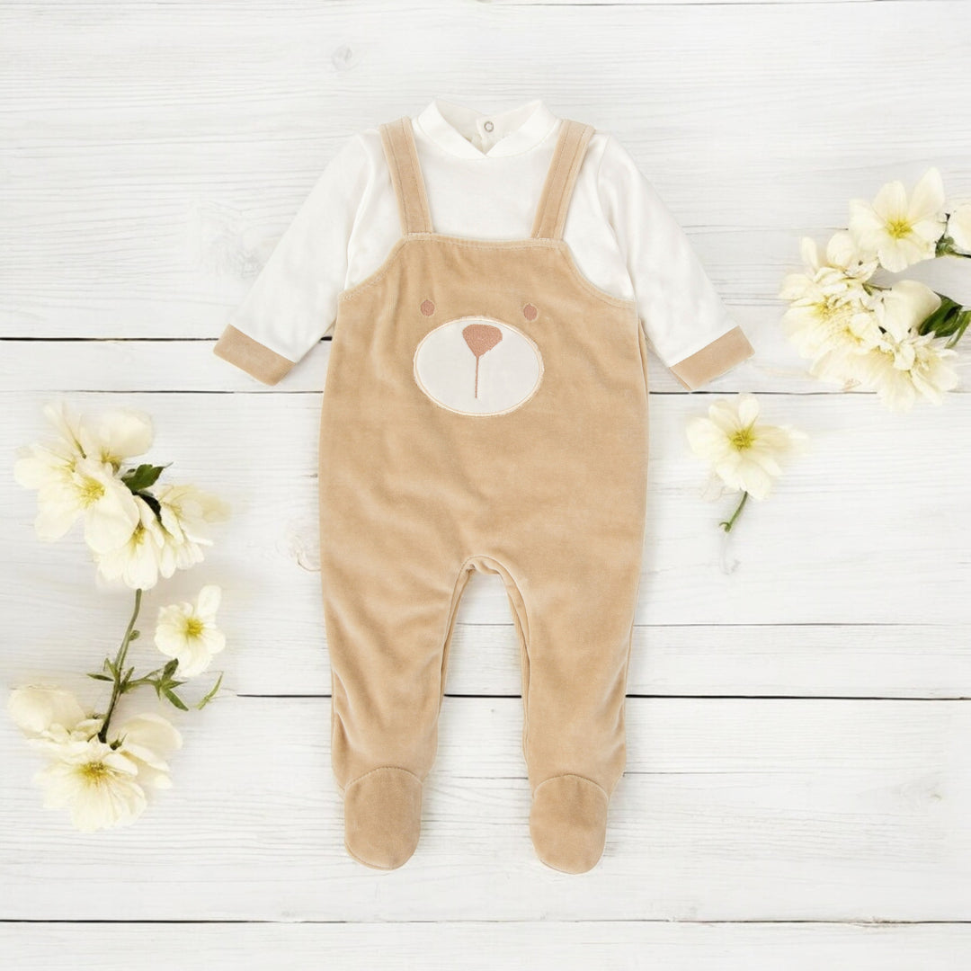 Babidu Ivory & Sand Velour Bear Dungaree Sleepsuit
