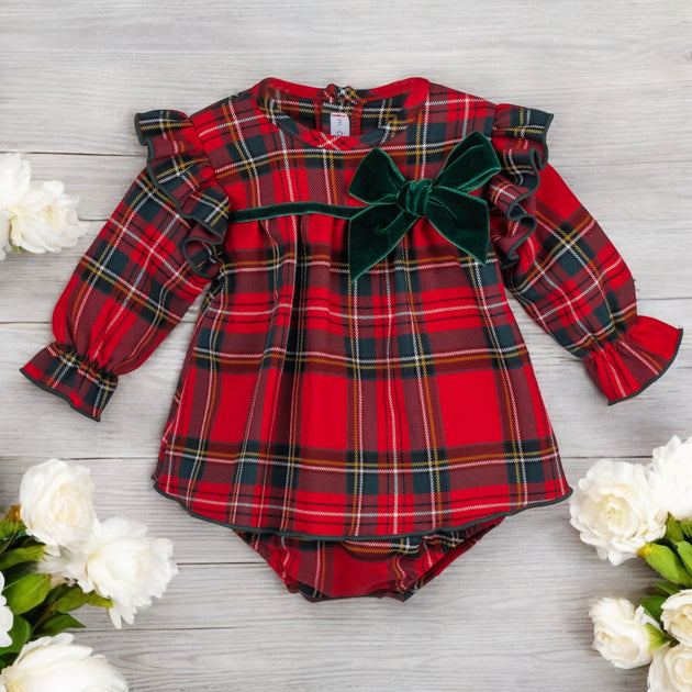 Calamaro Red & Green tartan Dress & Bloomers Bows Baby Boutique