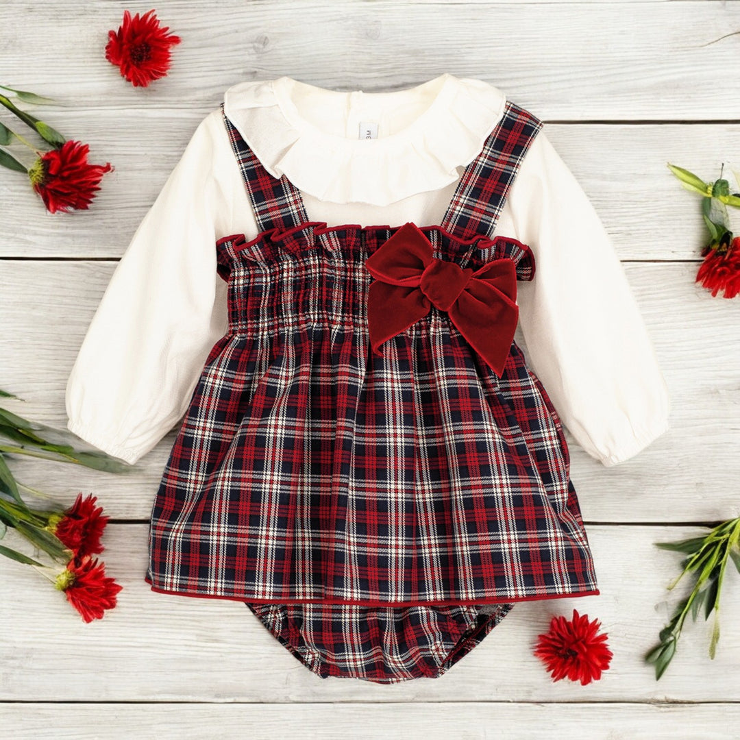 Calamaro White Blouse & Dungaree Tartan Dress Set