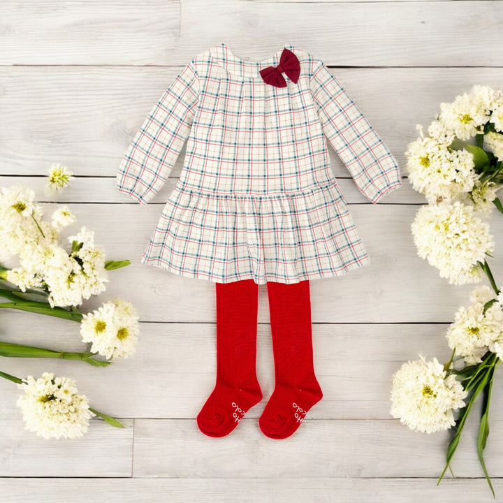 Tutto Piccolo White Burgundy & Teal Check Dress & Tights