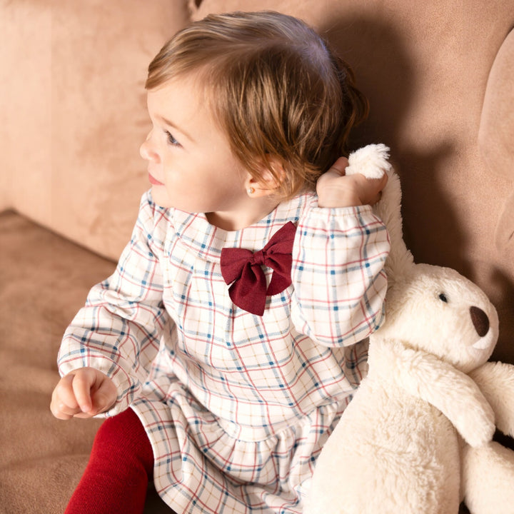 Tutto Piccolo White Burgundy & Teal Check Dress & Tights