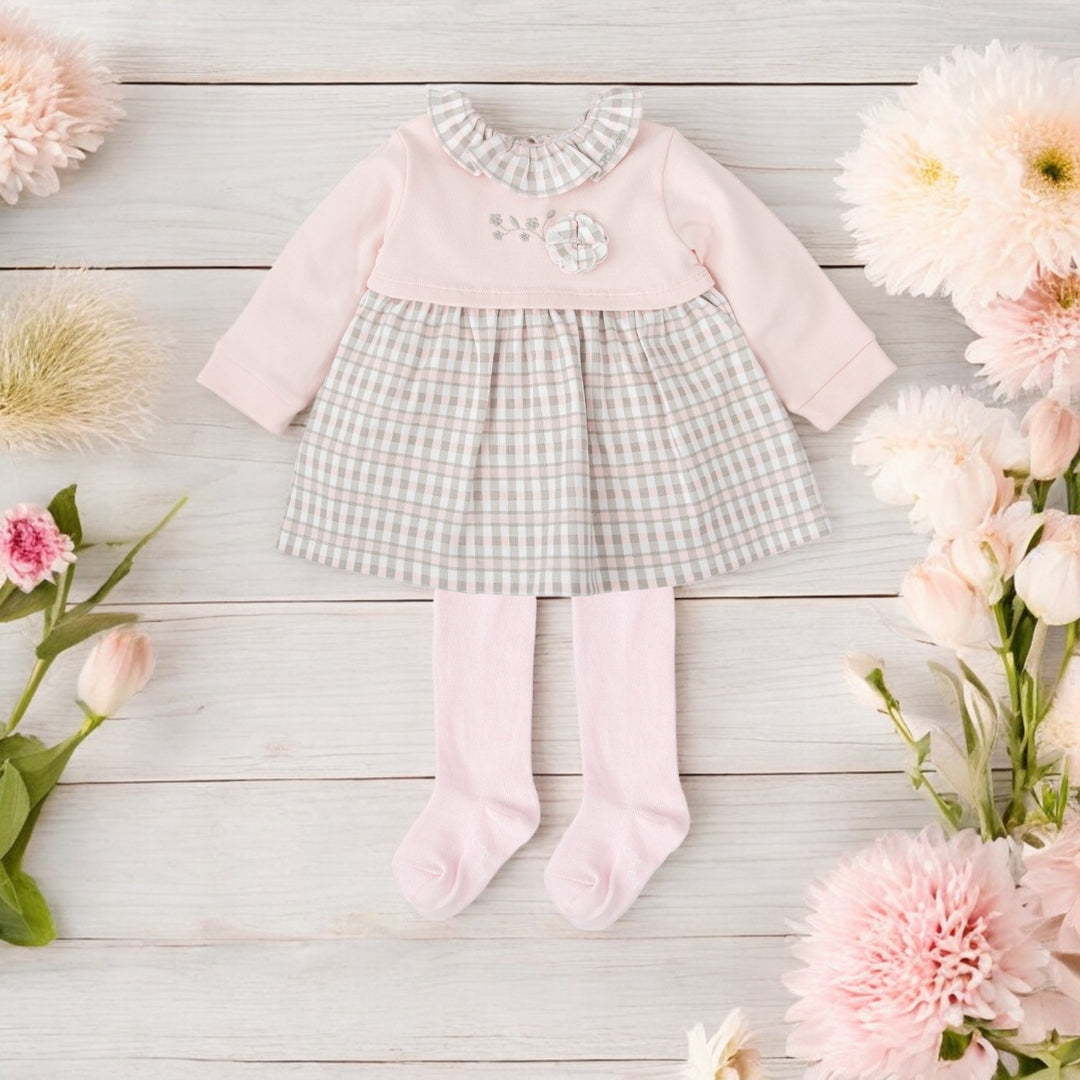 Tutto Piccolo Pink & Grey Gingham Dress & Tights