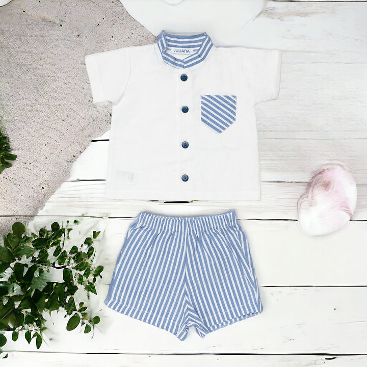 Blue & White Stripe Short & Shirt Set