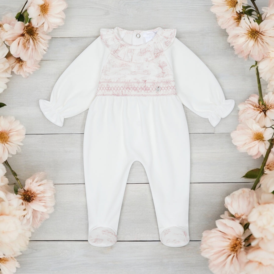 Pink Toile De Jouy Smocked Velour Sleepsuit