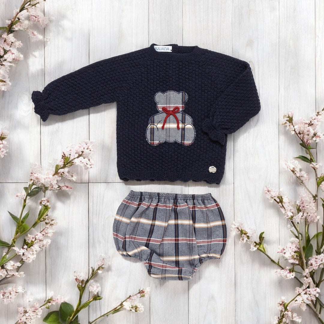 Juliana Navy Bear Knitted Top & Tartan Jam Pants Set