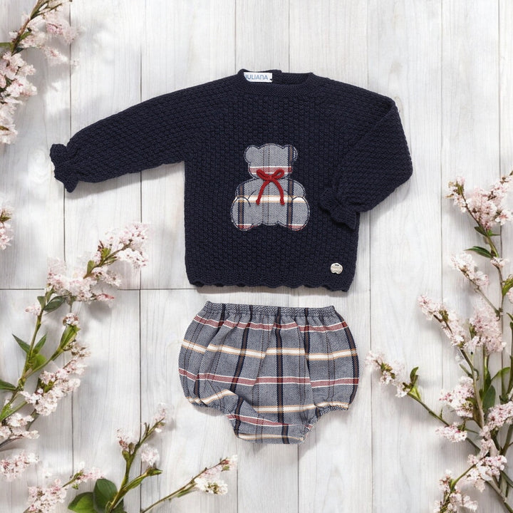 Juliana Navy Bear Knitted Top & Tartan Jam Pants Set