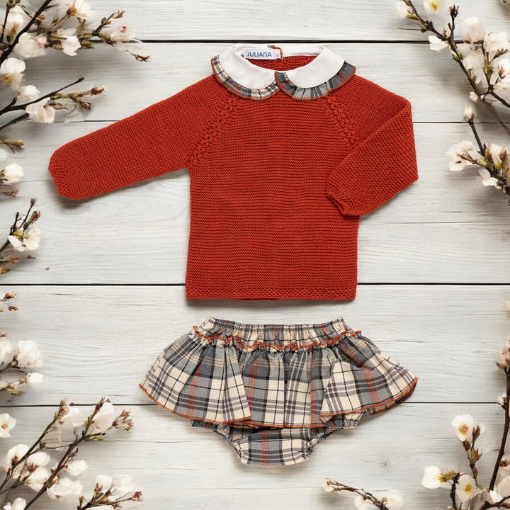 Russet Top & Grey Autumnal Tartan Bloomer Skirt Set