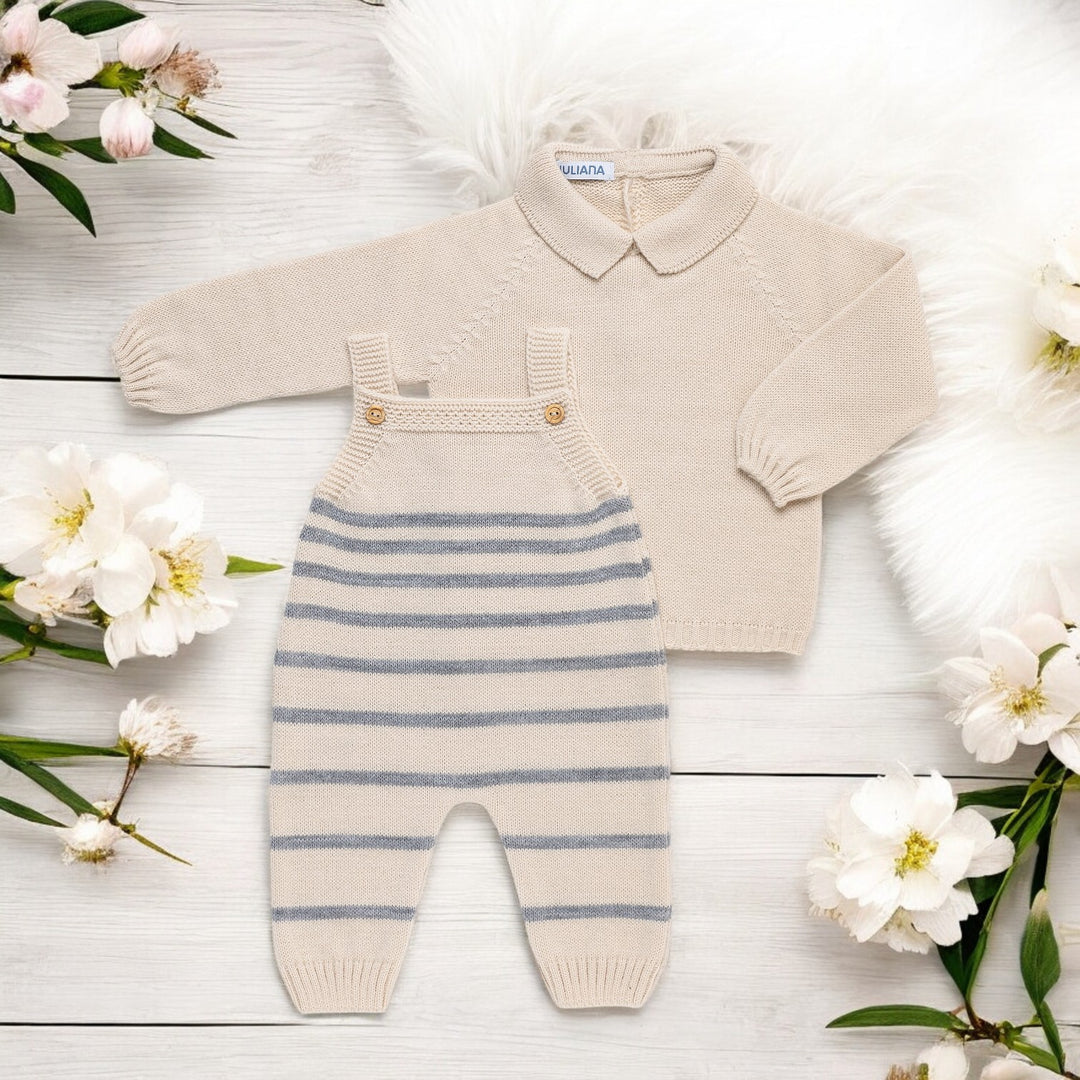 Butter Cream & Grey Stripe Knitted Dungaree Set