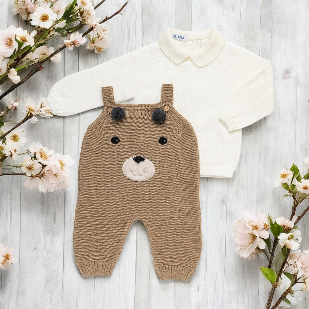 Cream & Autumn Brown Bear Knitted Dungaree Set