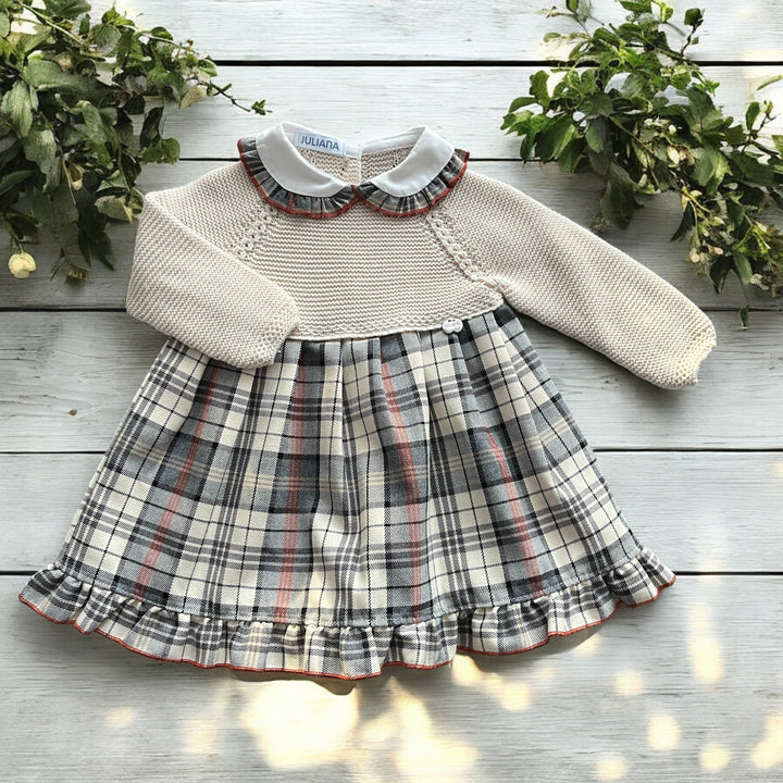 Juliana Butter Cream & Grey Half Knit Autumnal Tartan Dress