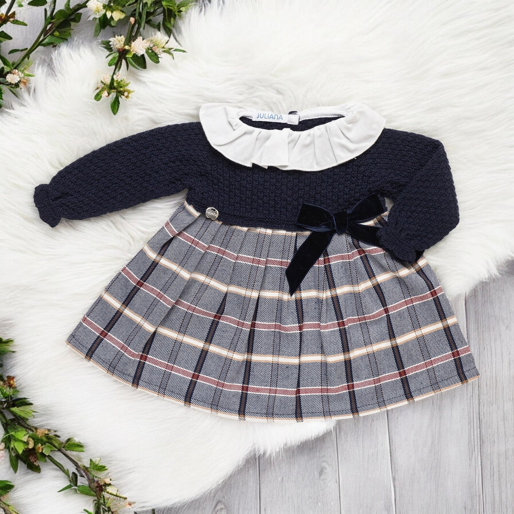 Juliana Navy Half Knit & Tartan Dress