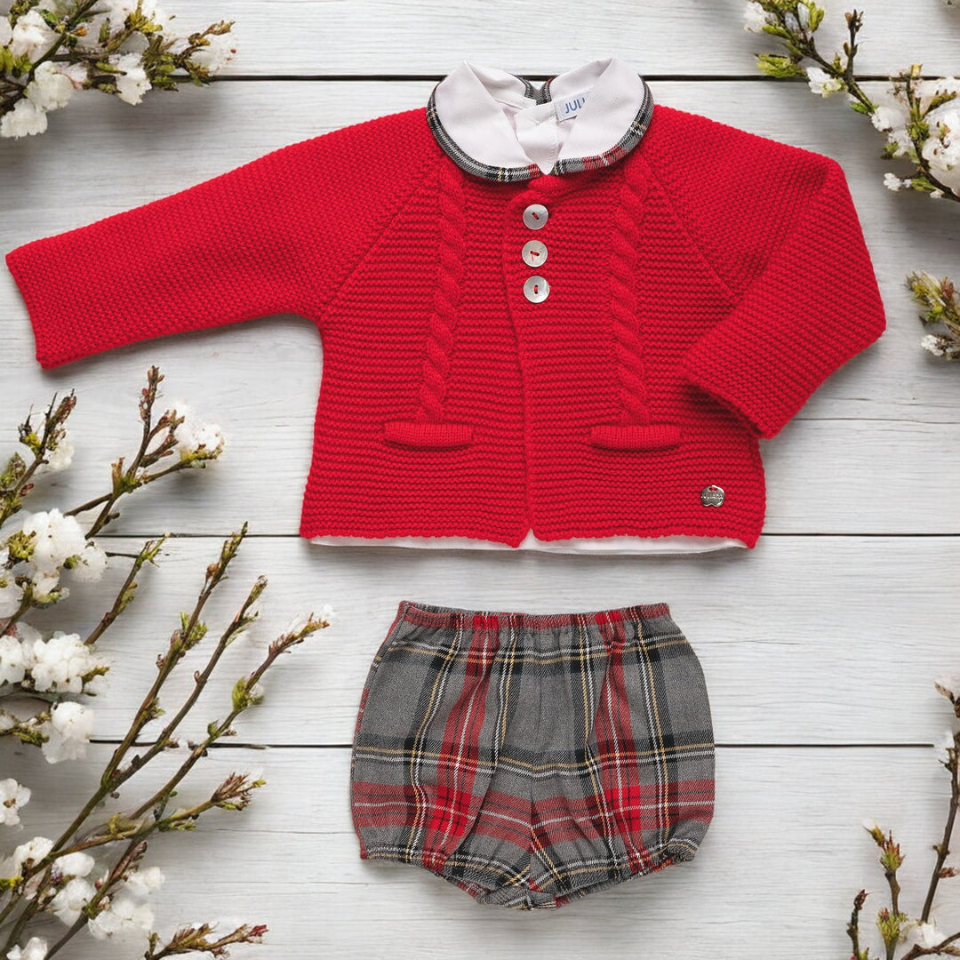Juliana Red Knitted Cardigan & Tartan Jam Pants Set