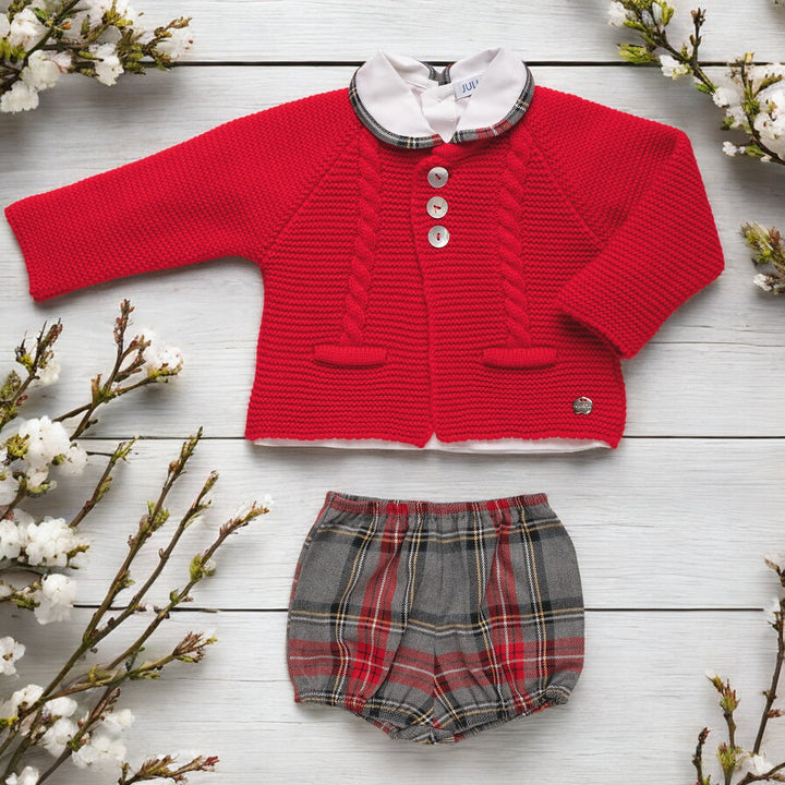 Juliana Red Knitted Cardigan & Tartan Jam Pants Set