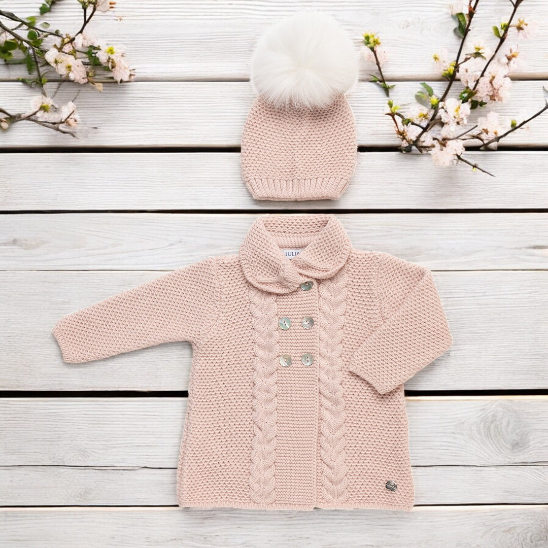 Juliana Rose Pink Knitted Coat & Faux Fur Pom Hat