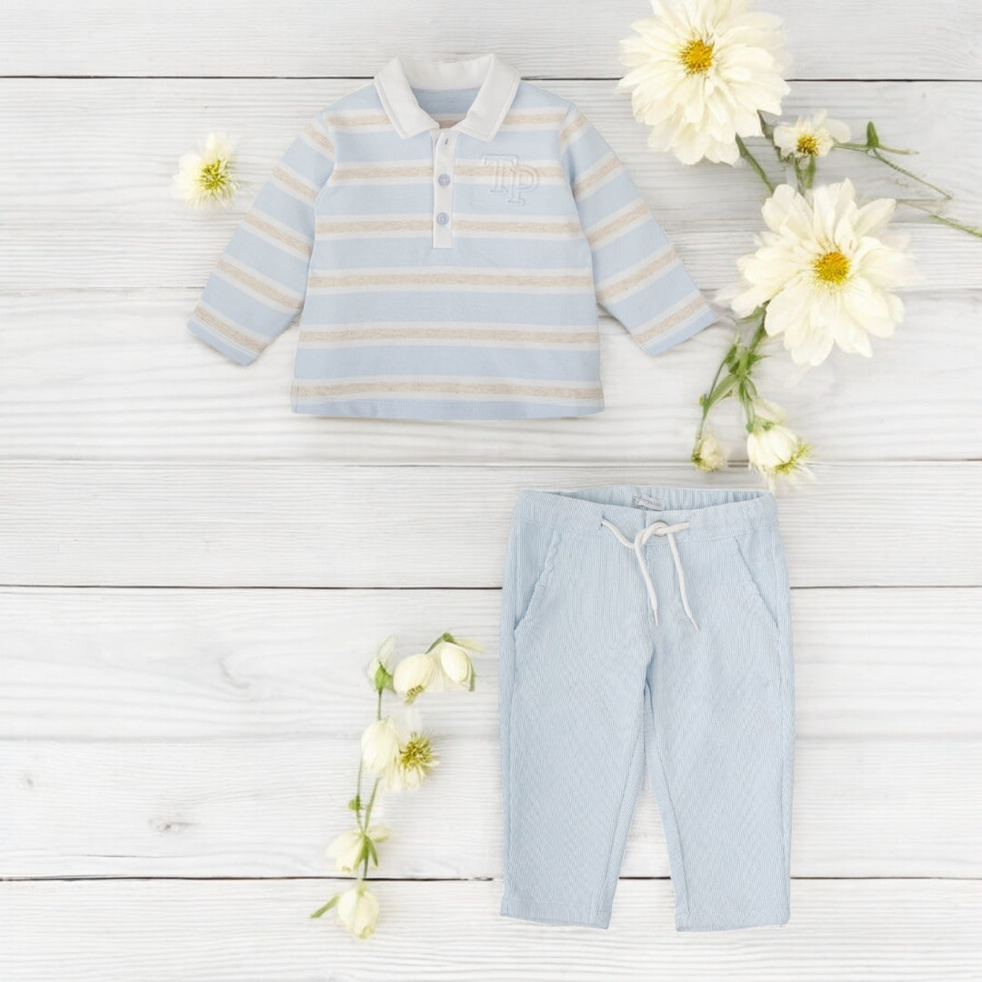 Tutto Piccolo Sky & Sand Blue Stripe Polo Set