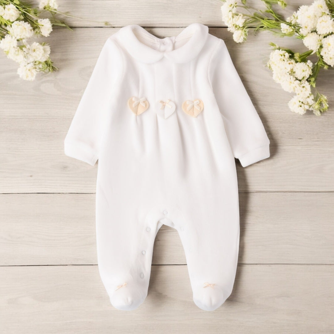 Minibanda White Velour Heart Sleepsuit