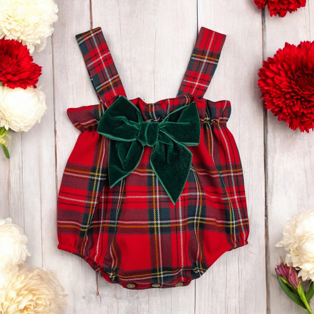 Calamaro Red & Green Tartan Romper Bows Baby Boutique