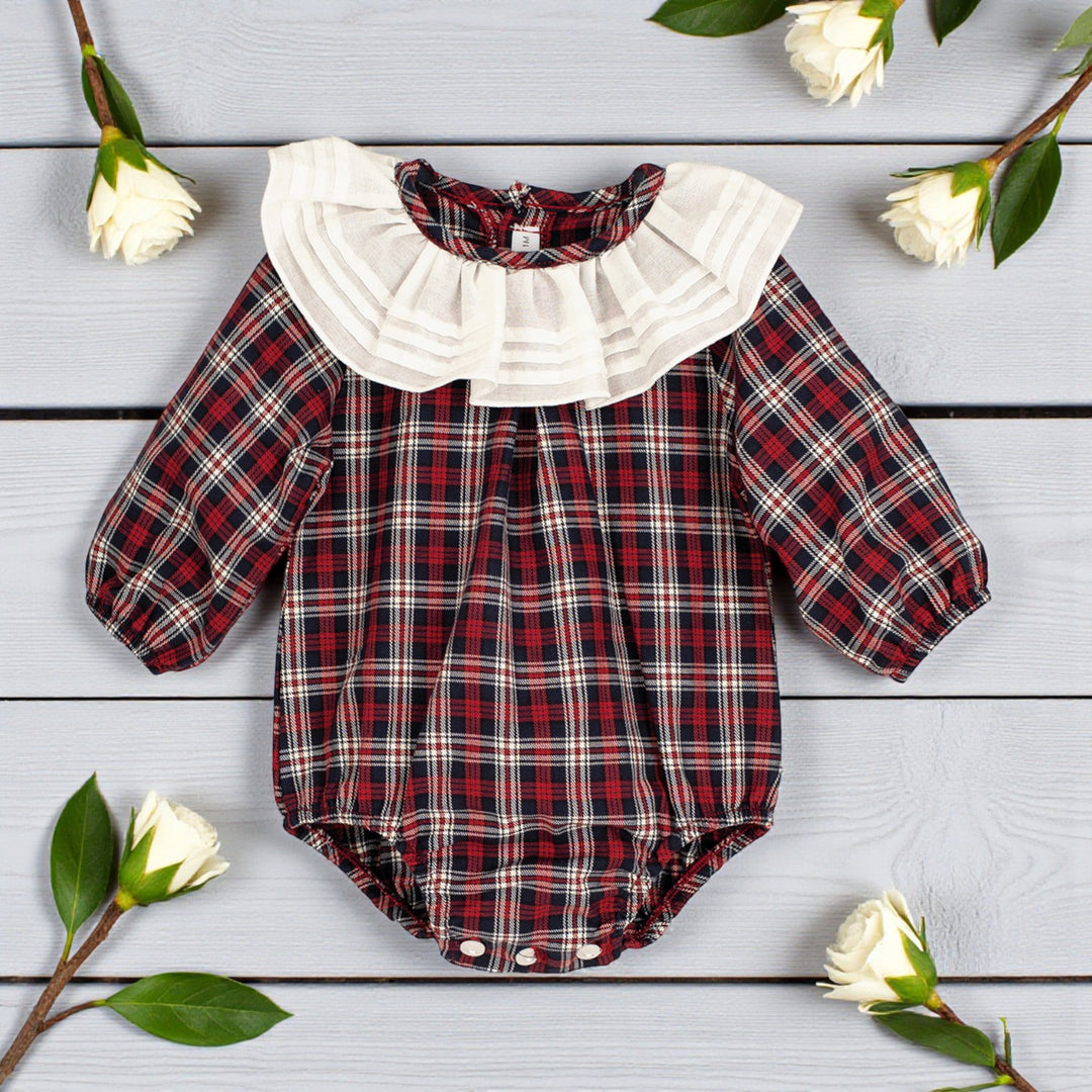 Navy & Red Tartan Ruffle Romper