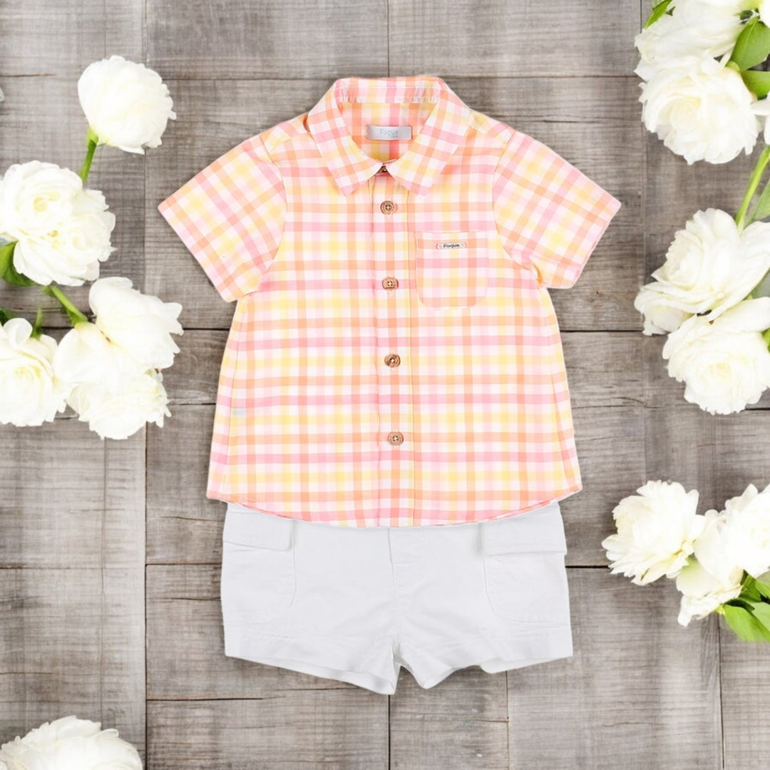 Foque Pastel Gingham Shirt & White Shorts