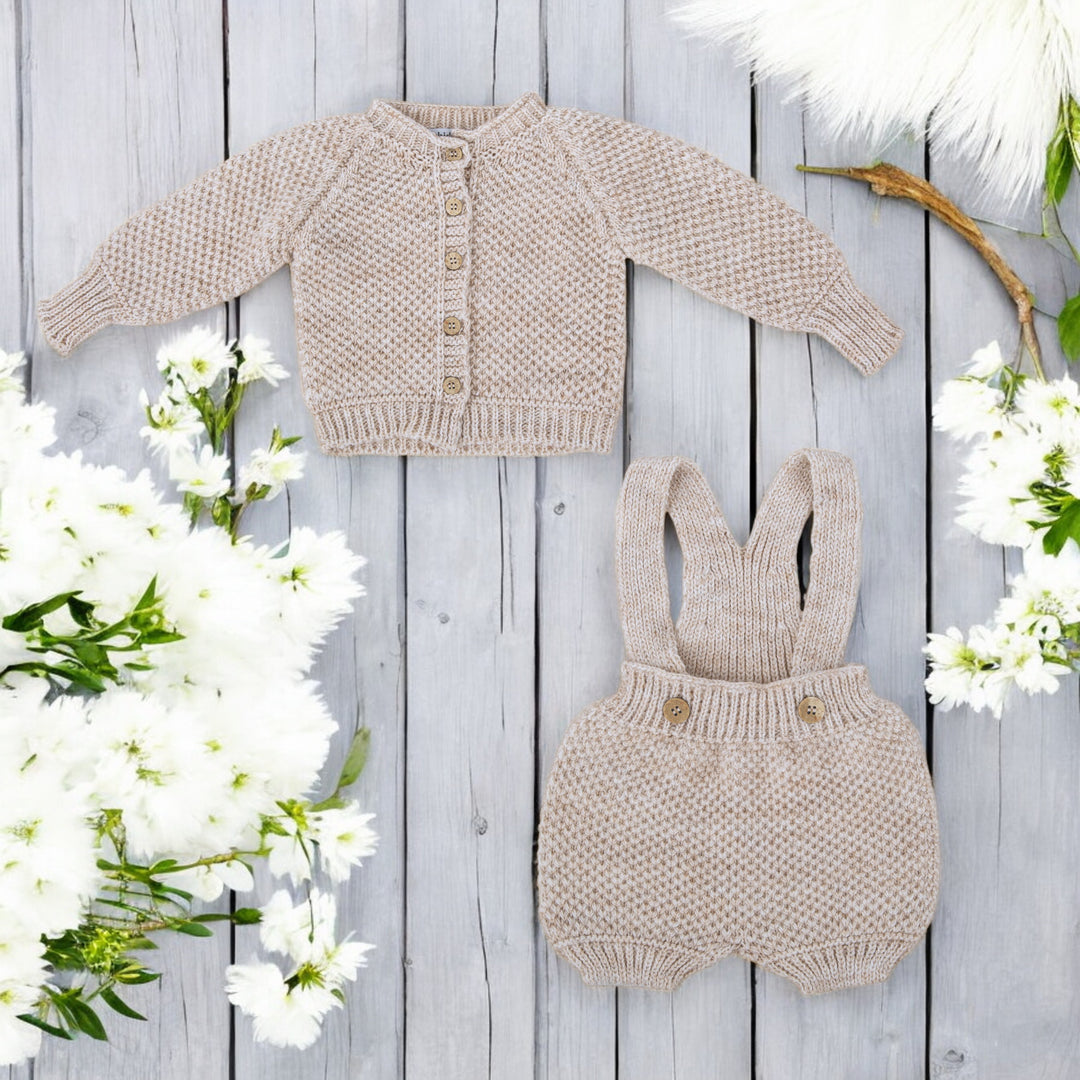 Babidu Sand Knitted Cardigan & Dungaree Short Set