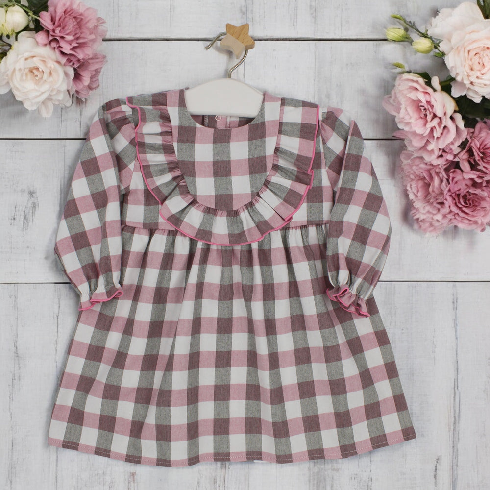Dusky Pink & Grey Gingham Ruffle Dress
