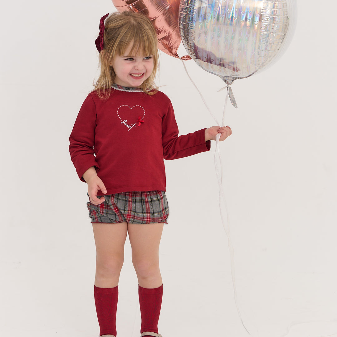 Rapife Burgundy Top & Grey Tartan Bloomers Set
