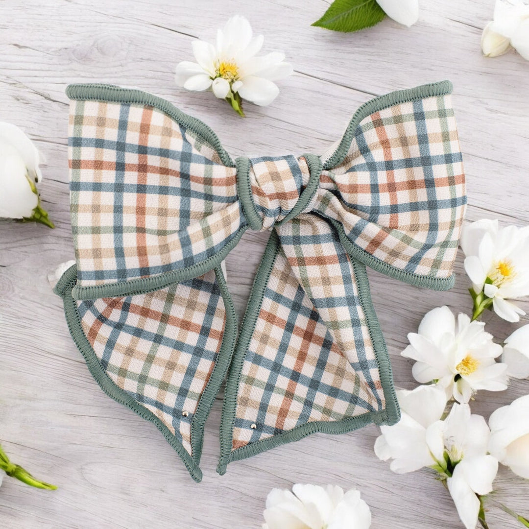Calamaro Sage & Terracotta Gingham Bow Hair Slide