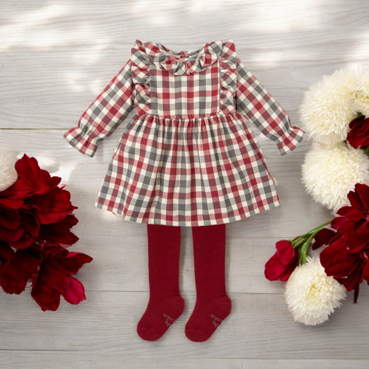 Burgundy & Grey Gingham Dress & Tights