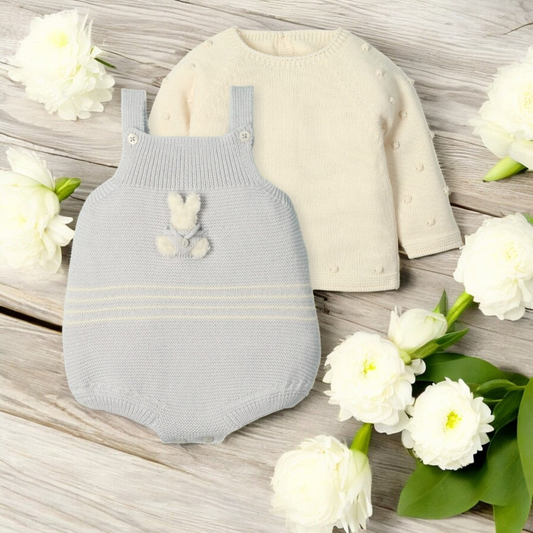 Pearl Grey & Oatmeal Knitted Bunny Romper & Top