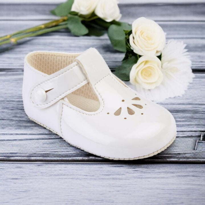 Baypods White Patent Flower Pre Walker T-Bar Baypods