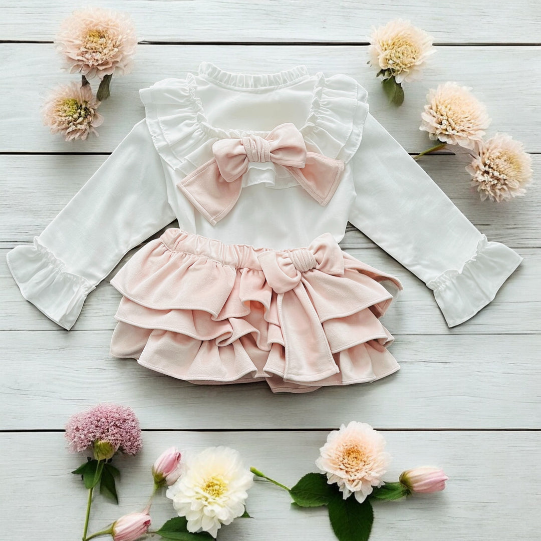 Puro Mimo White Ruffle Blouse & Pink Velvet Bloomers