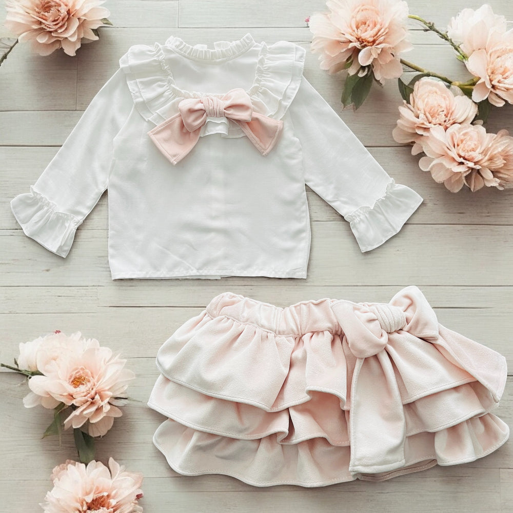 Puro Mimo White Ruffle Blouse & Pink Velvet Bloomers