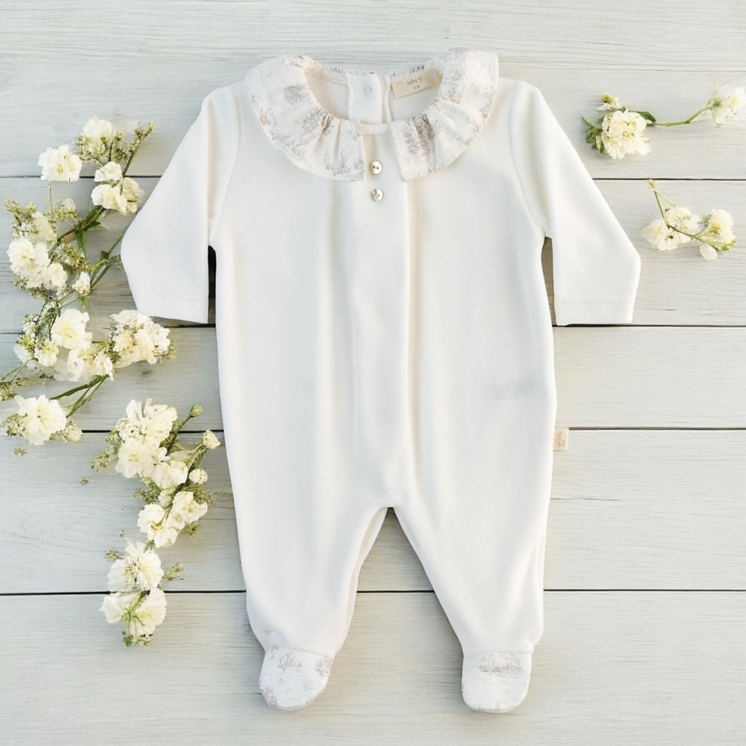 Baby Gi Ivory Velour Ruffle Sleepsuit