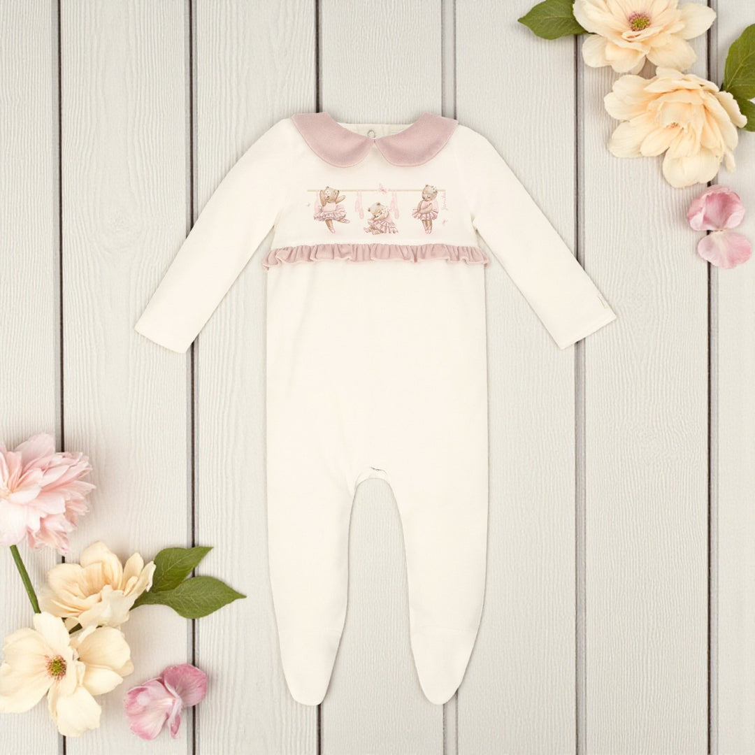 Ecru & Dusky Pink Velour Ballerina Bear Sleepsuit