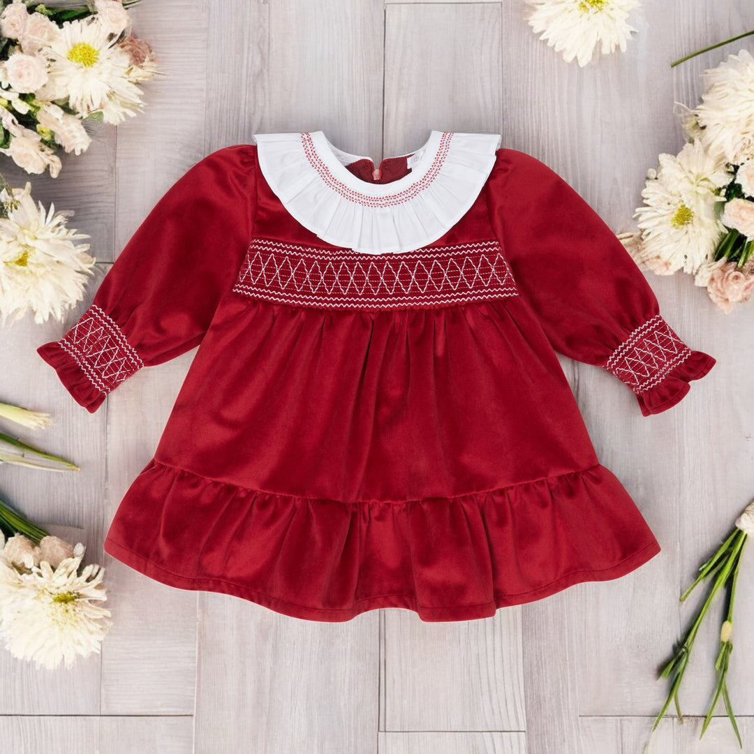 Deolinda Cherry Red Velour Smocked Dress