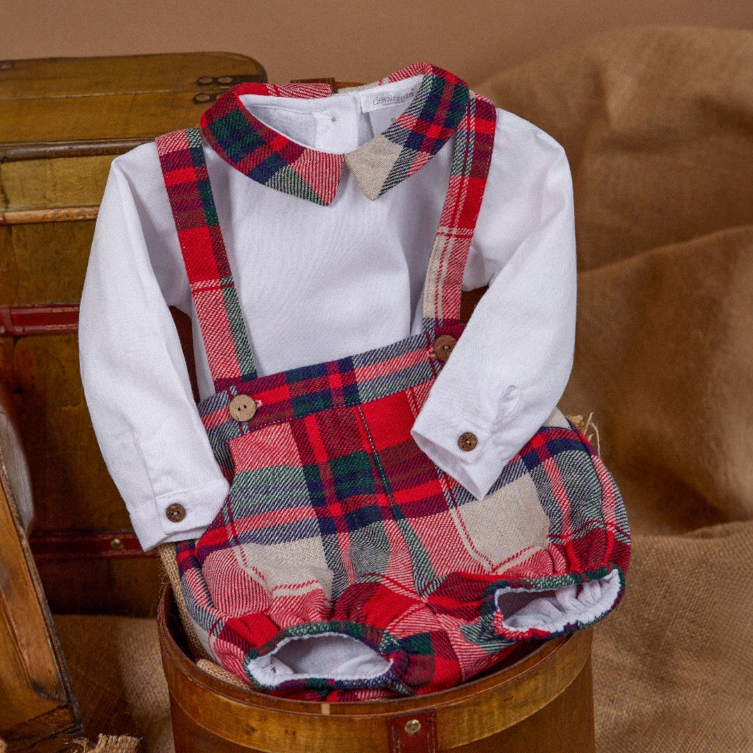 Deolinda White Shirt & Red Tartan Dungaree Jam Pants