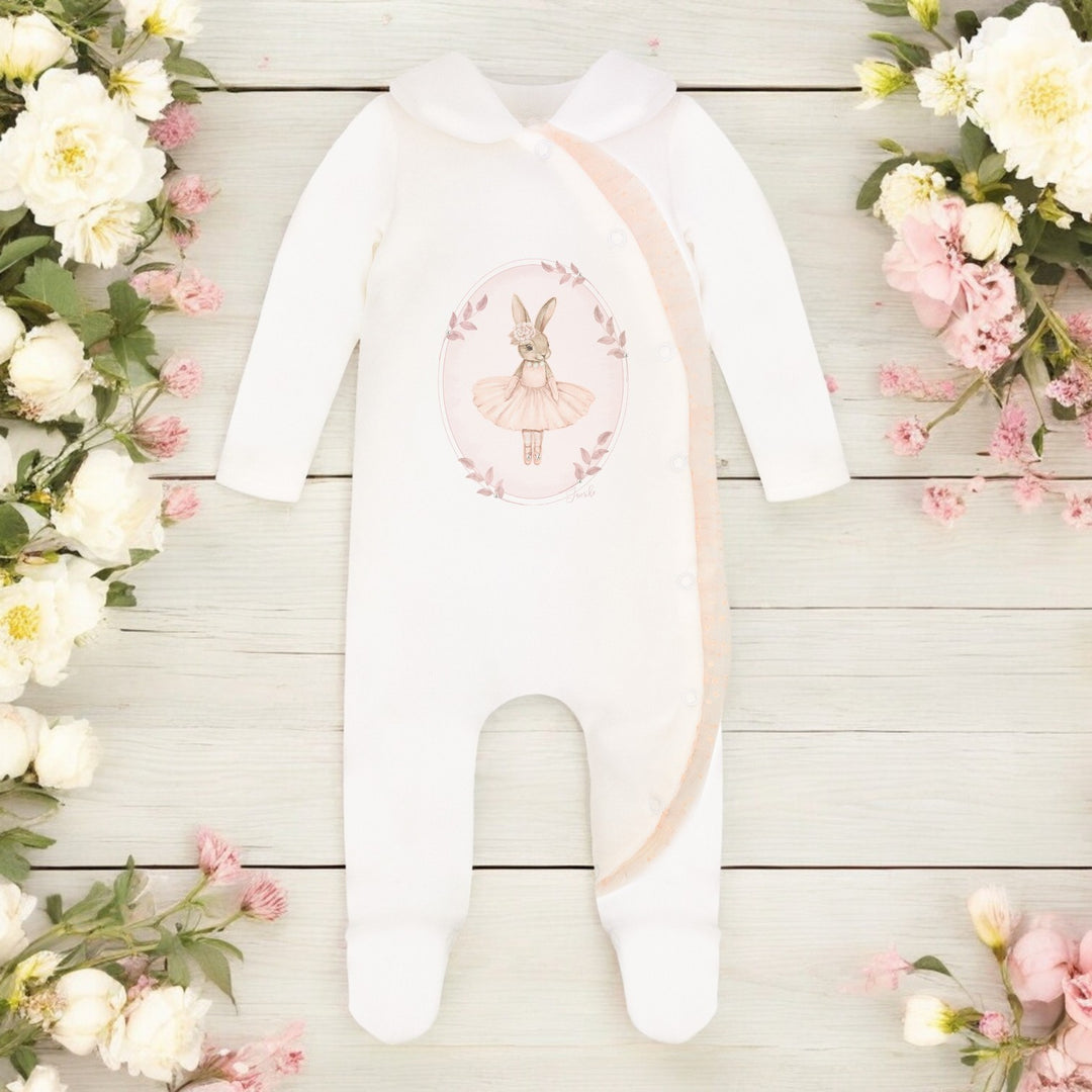 Jamiks Ecru & Pink Velour Ballerina Bunny Sleepsuit