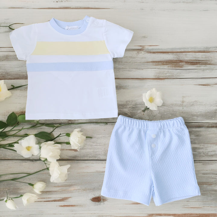 White & Lemon Top & Blue Shorts